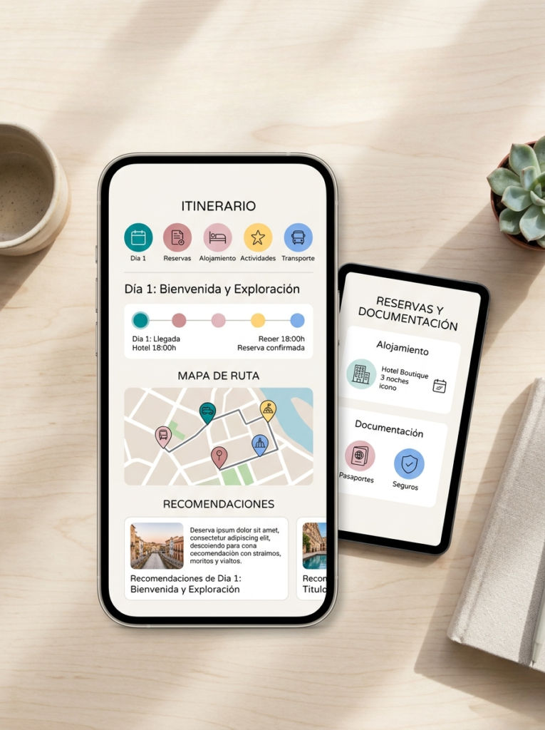 Guía digital personalizada de viaje en móvil con mapa, ruta y recomendaciones