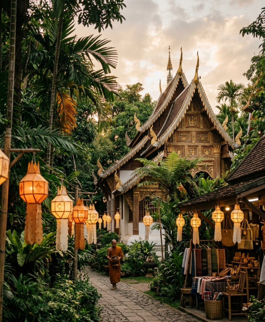 Templo y vegetación tropical en una ruta cultural por Tailandia