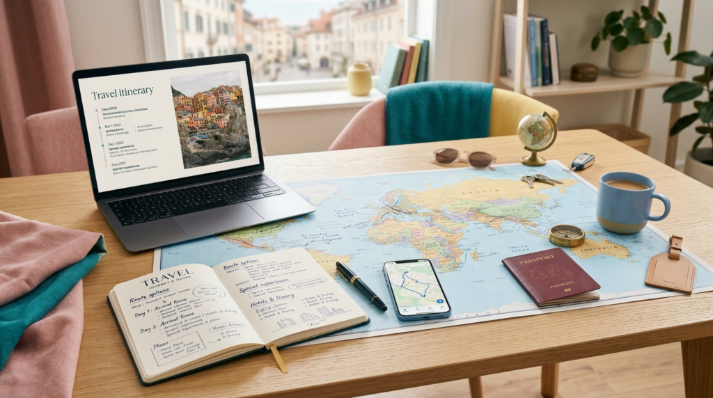 Planificación de un viaje a medida con mapa, libreta y elementos de viaje