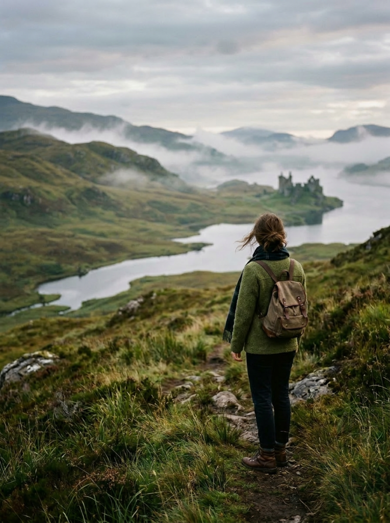 Mujer contemplando un paisaje de las Highlands escocesas con niebla y ruinas
